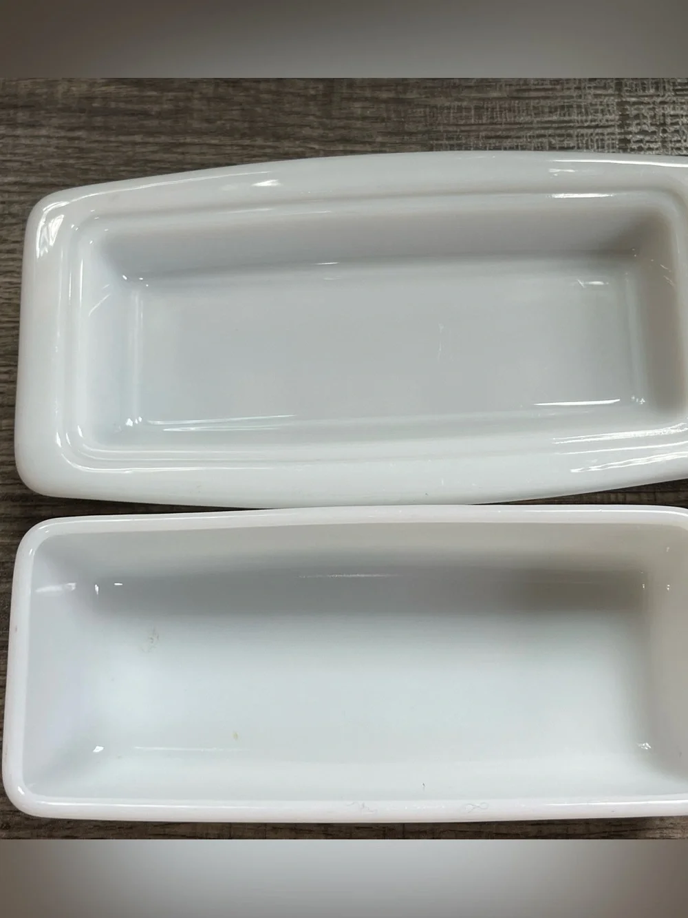 Vintage PYREX White Milk Glass Butter Dish with Blue Retro design.